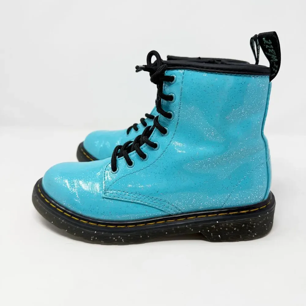 Dr. Martens Aqua Blue Glitter Patent Leather Combat Boots Sz 3 Lace Up/Side Zip